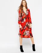 Asos Midi Dress In Floral Print With Piping Detail - Print
