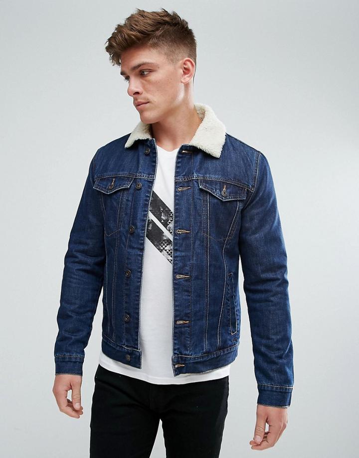 Solid Denim Jacket With Fleece Collar - Blue