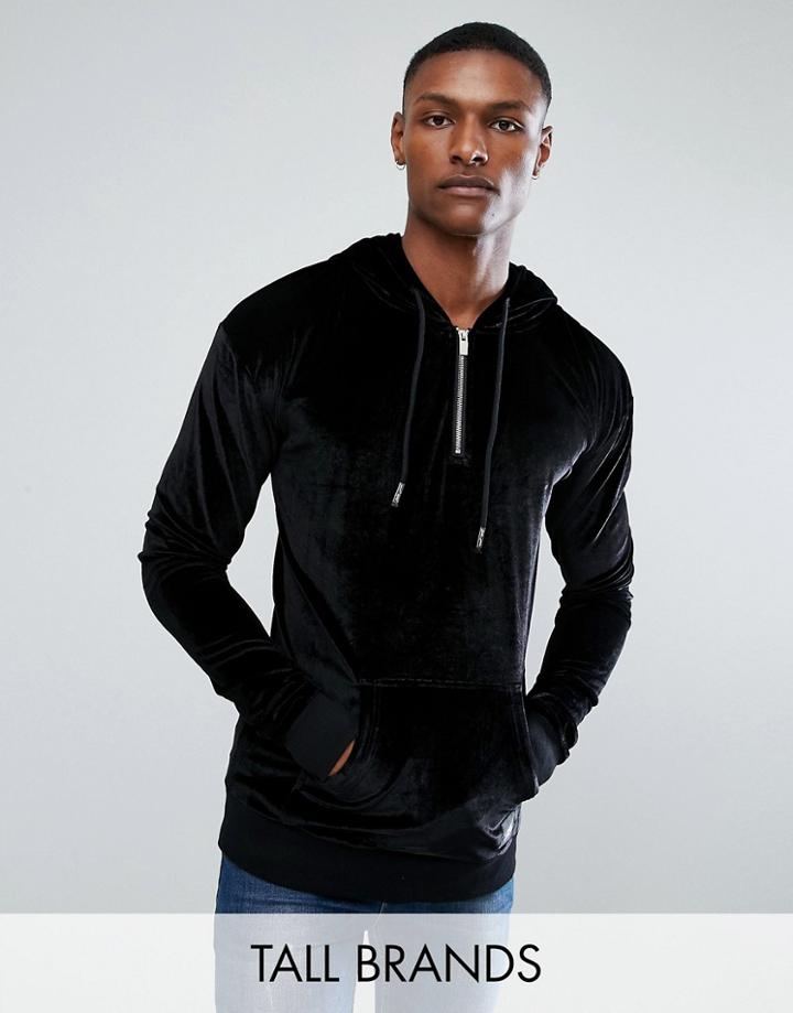 Sixth June Tall Hoodie With Half Zip In Black Velour - Black