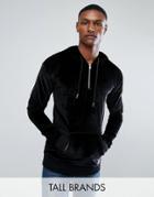 Sixth June Tall Hoodie With Half Zip In Black Velour - Black