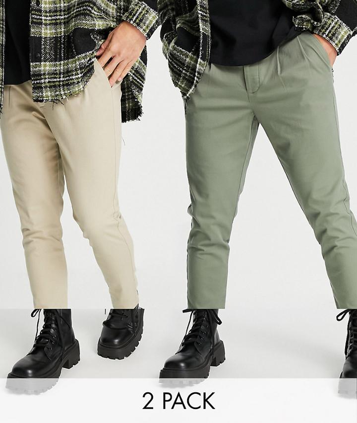 Asos Design 2 Pack Cigarette Fit Chinos In Beige And Khaki Save-multi