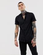 Twisted Tailor Skinny Short Sleeve Shirt In Black With Skull Collar Tips - Black