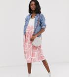 Asos Design Maternity Box Pleat Midi Skirt In Abstract Print-pink