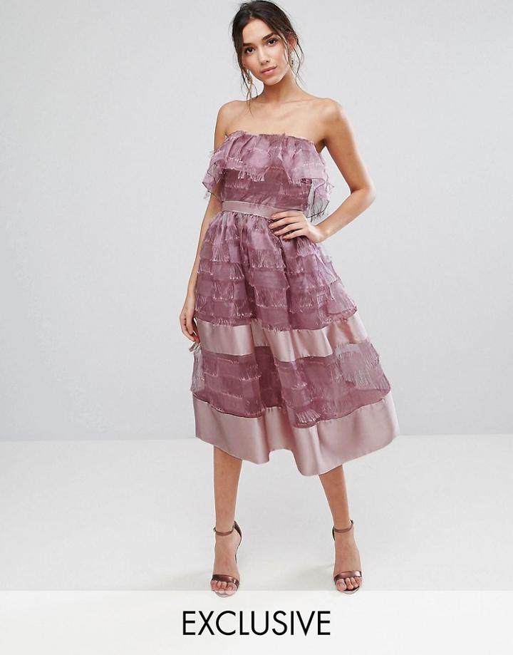 True Violet Bardot Midi Dress In Textured Fringe Fabric With Border Hem - Purple