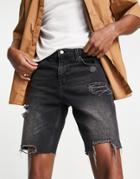 Asos Design Slim Denim Shorts In Black Wash With Heavy Rips And Raw Hem