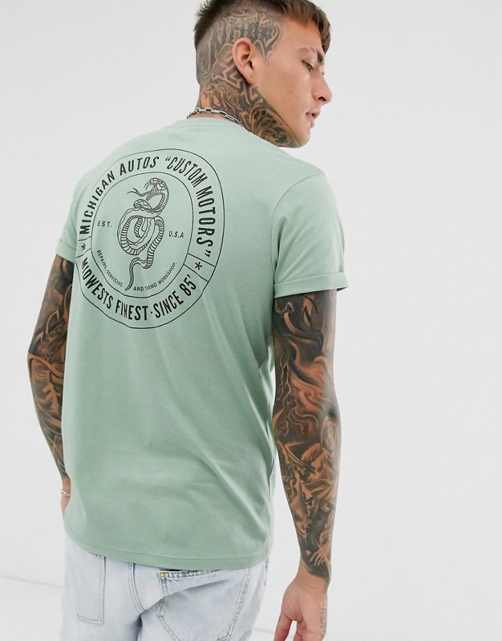Asos Design T-shirt With Roll Sleeve And Snake Back Print - Green