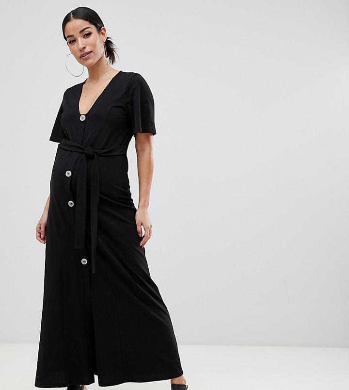 Asos Design Maternity Faux Shell Button Through Maxi Tea Dress-black