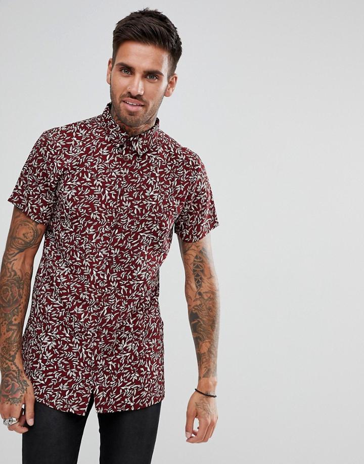 Boohooman Regular Fit Shirt With Leaf Print In Burgundy - Red