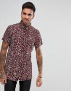 Boohooman Regular Fit Shirt With Leaf Print In Burgundy - Red