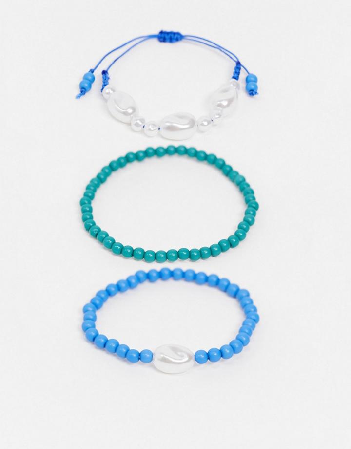 Asos Design Pack Of Three Beaded Bracelets With Pearl Detailing In Blue And Green Tones-multi
