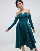 Asos Design Long Sleeve U Bar Midi Prom Dress-green