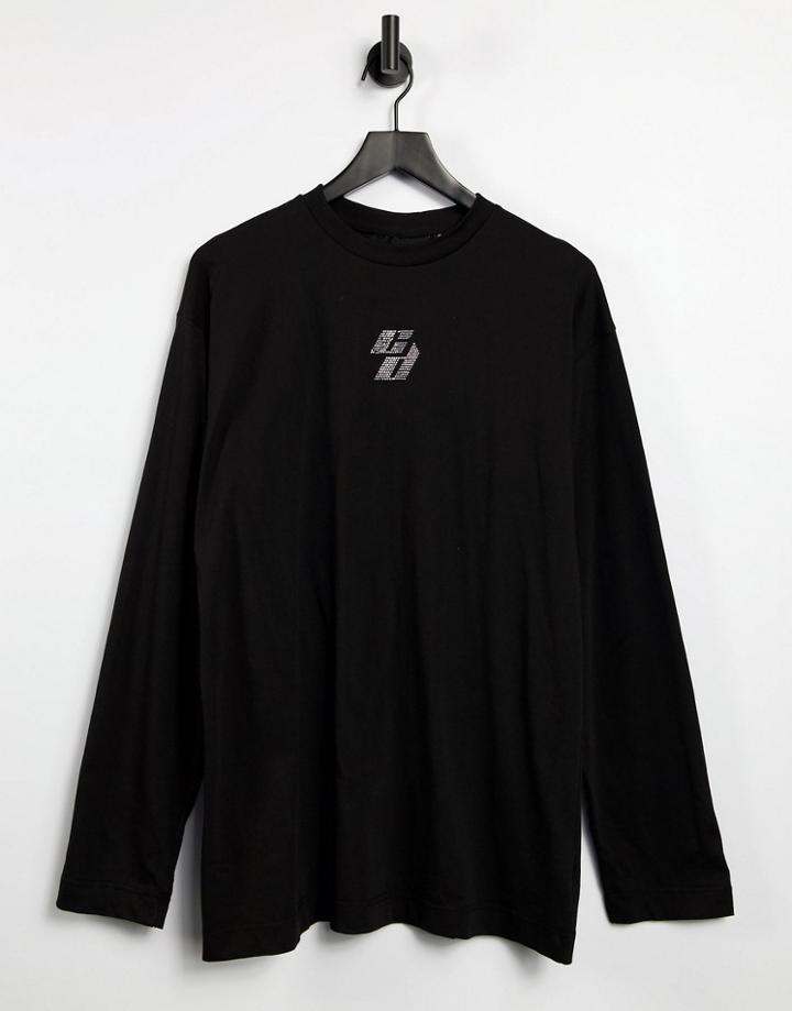 Criminal Damage Long Sleeve T-shirt Dress With Rhinestone Embellished Logo In Charcoal-grey