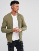 Asos Knitted Muscle Fit Bomber Jacket In Khaki - Green