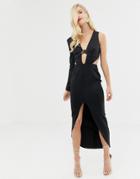 Asos Design Gold Bust Bar Cut Out Midi Pencil Dress-black