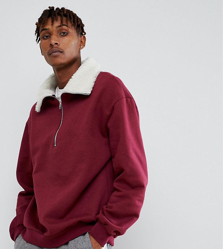 Reclaimed Vintage Inspired Fleece Collar Half Zip - Red