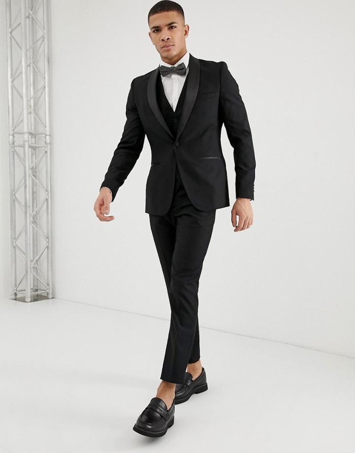French Connection Slim Fit Peak Satin Lapel Tuxedo Pants-black