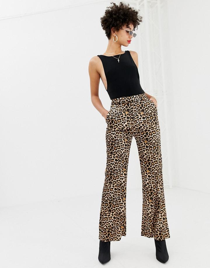Na-kd Flared Leopard Print Satin Pants In Beige - Multi