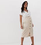 Asos Design Maternity Cotton And Linen Mix Midi Dress With Buttons-multi
