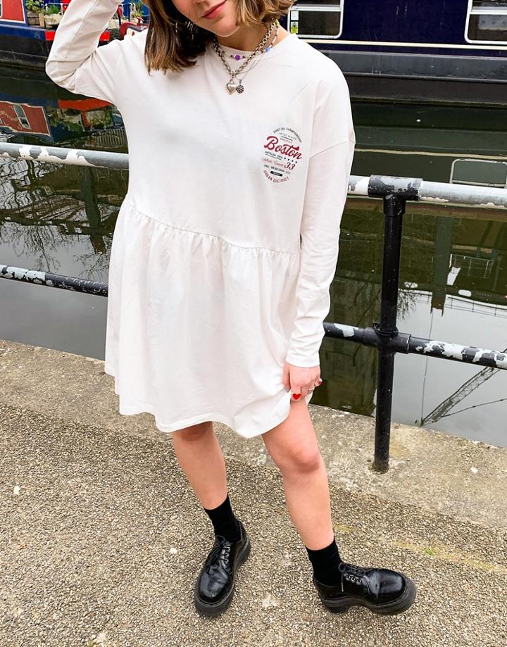 Noisy May Exclusive Jersey Smock Dress With Collegiate Motif In White