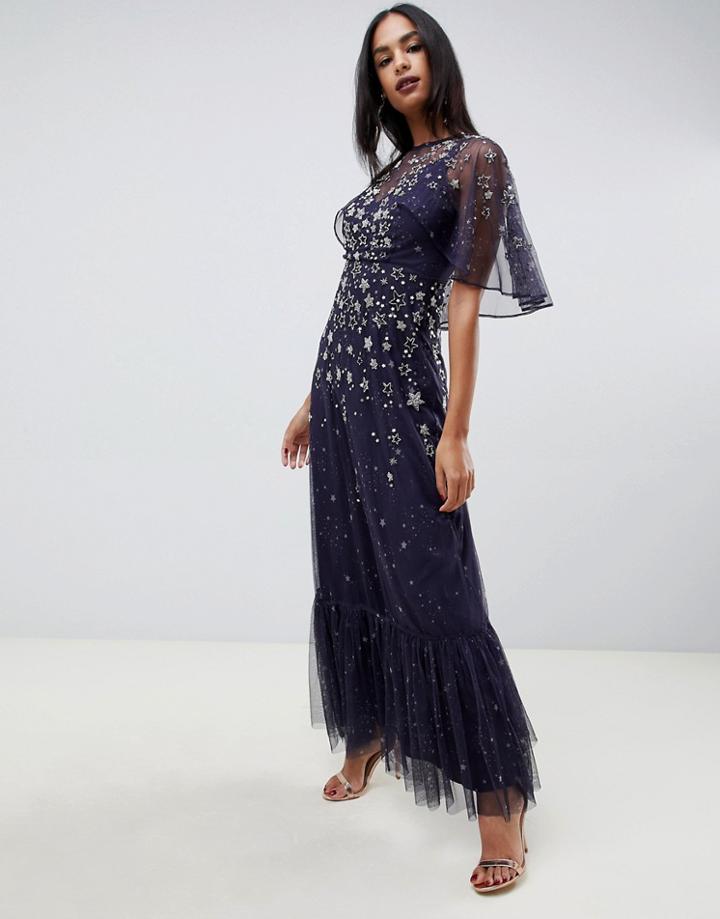 Asos Design Maxi Dress With Flutter Sleeve In Star Embellishment - Blue