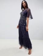 Asos Design Maxi Dress With Flutter Sleeve In Star Embellishment - Blue