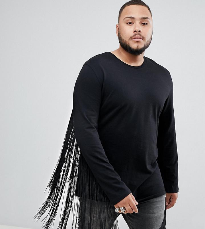 Asos Design Plus Longline Long Sleeve T-shirt With Extreme Fringe Back - Black
