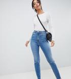 Asos Design Tall Farleigh High Waist Slim Mom Jeans In Mid Stonewash Blue With Rips - Blue
