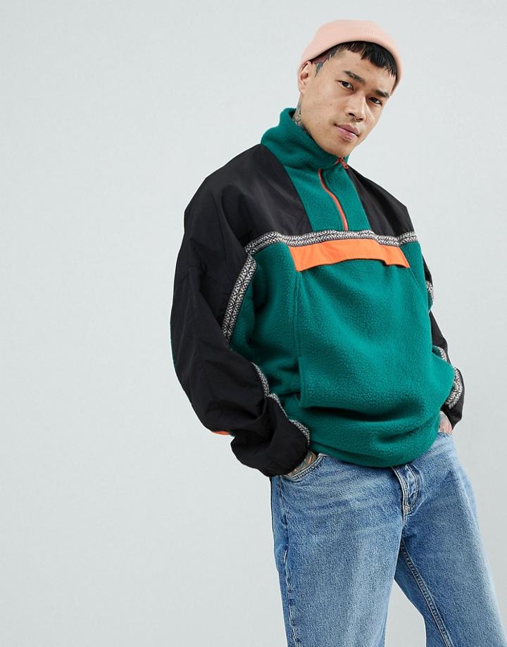 Asos Fleece Windbreaker With Geo-tribal Tape In Green - Green