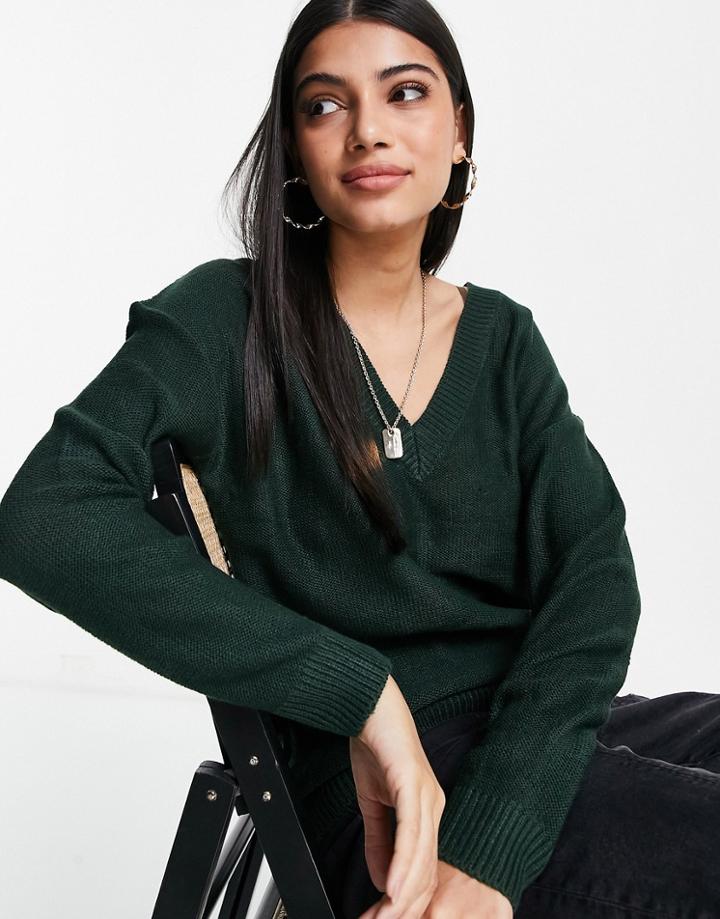 Brave Soul Oversized Kansas V Neck Sweater In Green