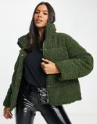 Topshop Sherpa Mid Length Puffer Jacket In Khaki-green