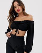 Flounce London Bardot Crop Top With Ruched Detail In Black - Black