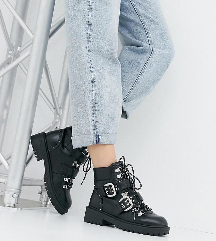 Raid Wide Fit Daelyn Black Lace Up Chunky Hiker Boots