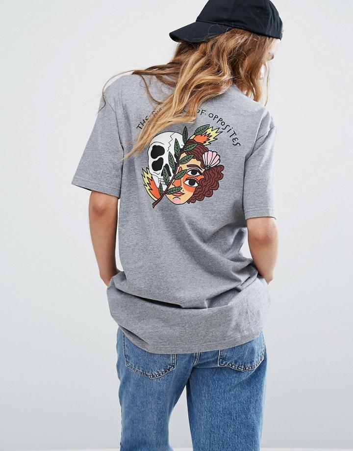 Rvca Oversized Boyfriend T-shirt With Balance Skull Back Print - Gray