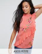 Asos Petite Sleeveless Top With Asymmetric Ruffle And Embroidery - Pink