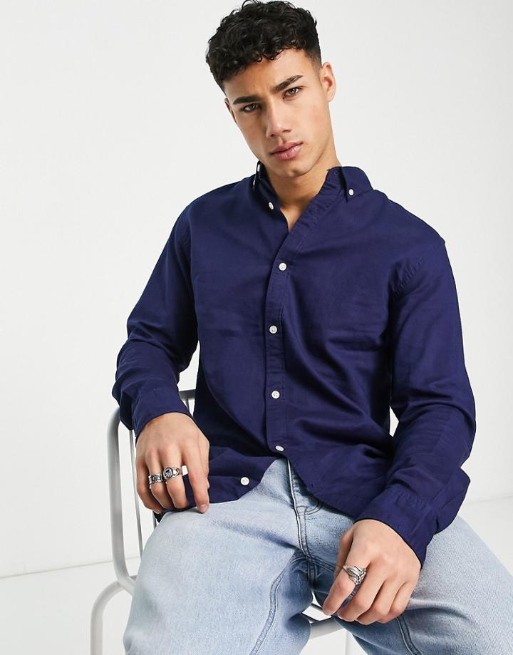 Jack & Jones Long Sleeve Oxford Shirt In Navy