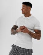 Asos Design Knitted Ribbed Polo T-shirt In White - White