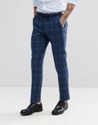 Asos Slim Suit Pants In 100% Wool Harris Tweed Herringbone In Blue Check - Blue