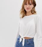 Monki Long Sleeve Tie Front Top In White - White
