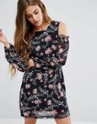 Young Bohemians Shift Dress With Ruffle Cold Shoulders In Floral Print