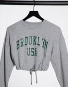 Bershka Brooklyn Cropped Sweatshirt In Gray Marl-grey