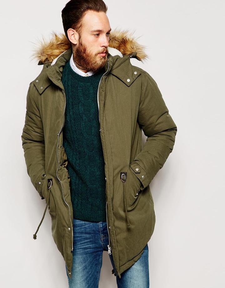 Asos Parka With Faux Shearling Hood In Khaki - Khaki
