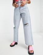 Noisy May Sallie Ripped Knee Acid Wash Wide Leg Jeans In Light Blue