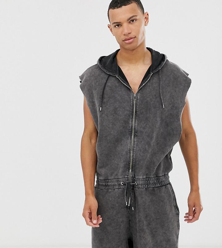 Asos Design Tall Zip-up Sleeveless Hooded Short Jumpsuit In Gray Acid Wash-blue