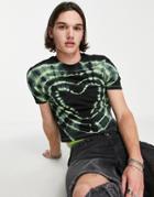Asos Design Skinny Shrunken Fit T-shirt In Green & Black 90s Heart Tie Dye