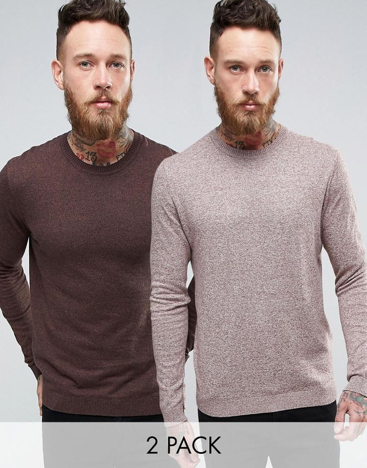 Asos 2 Pack Cotton Sweater In Brown/pink Slub Save - Multi