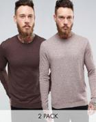 Asos 2 Pack Cotton Sweater In Brown/pink Slub Save - Multi