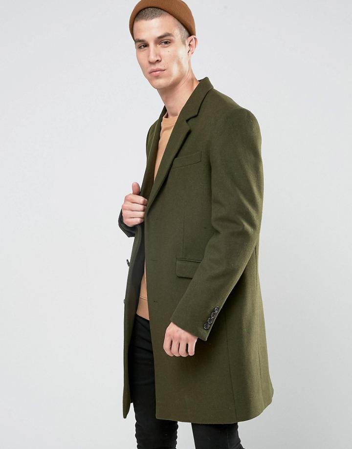 Asos Wool Mix Overcoat In Khaki - Green