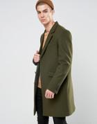 Asos Wool Mix Overcoat In Khaki - Green