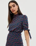 Fashion Union High Neck Top In Ditsy Floral - Navy