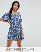 Asos Petite Off Shoulder Dress In Tile Print - Multi
